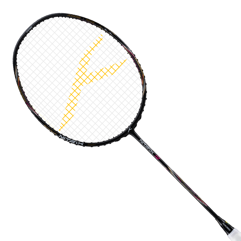 HUNDRED Nitrix 10 badminton racket with a black frame, white strings, and bold yellow lightning-bolt design on the head.
