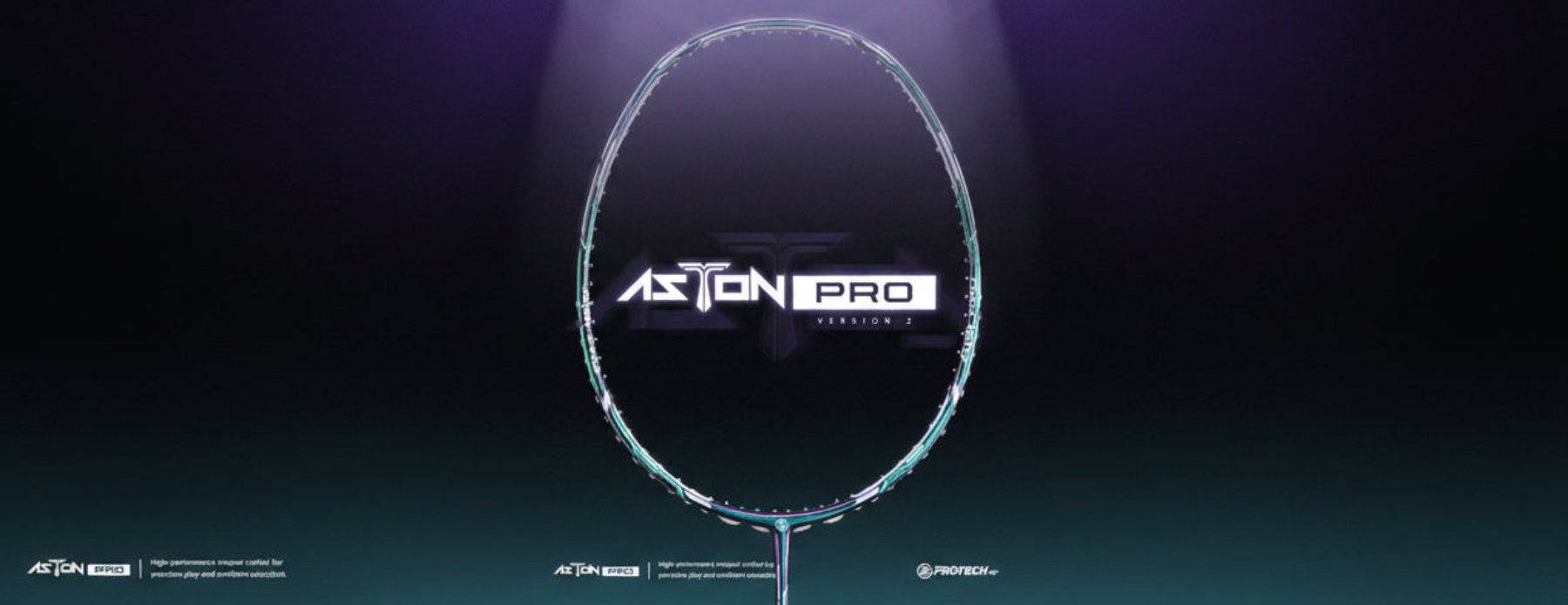 Aston Pro Version 2 badminton racket head shown against a dark gradient background with the brand name 'ASTON PRO' and 'VERSION 2' printed prominently on the frame.