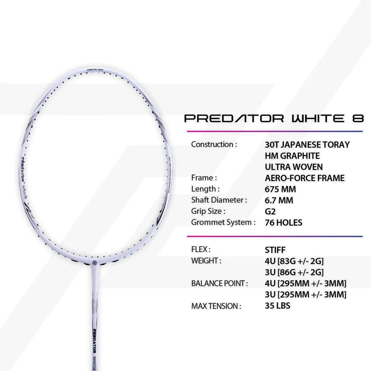 PROTECH PREDATOR WHITE 8 Badminton Racket - Max 35LBS PREDATOR WHITE 8