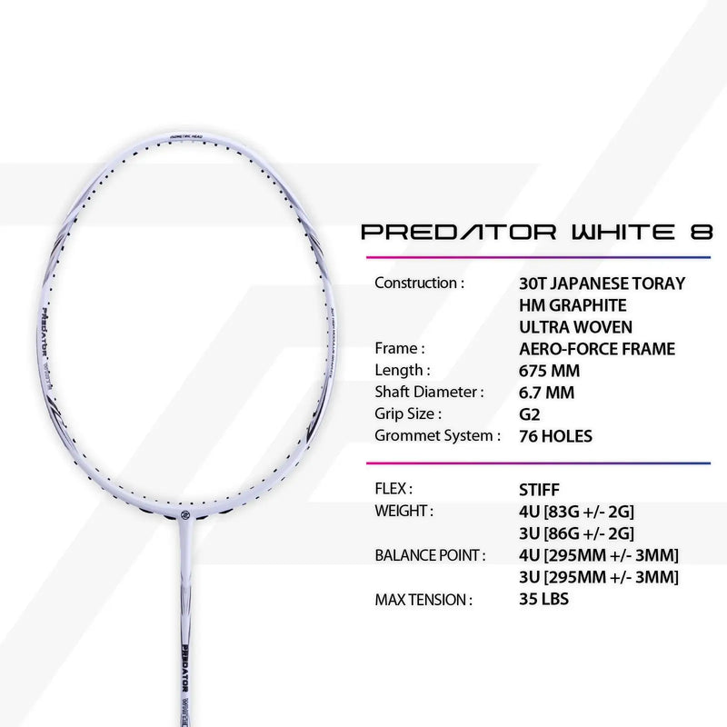 PROTECH PREDATOR WHITE 8 Badminton Racket - Max 35LBS PREDATOR WHITE 8