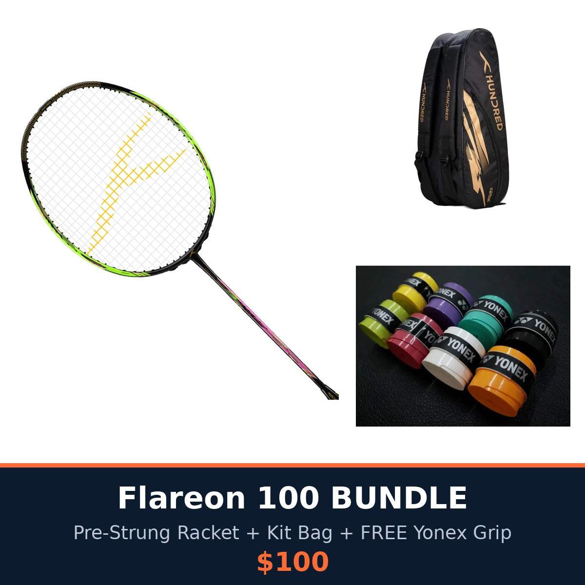HUNDRED Flareon 100 Bundle with a white-strung racket, black and gold kit bag, and colourful Yonex grips.