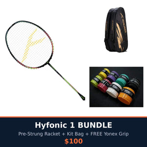 HUNDRED Hyfonic 1 Bundle with a pre-strung badminton racket, black and gold kit bag, and colorful Yonex grips.
