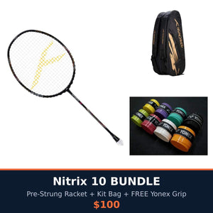 HUNDRED Nitrix 10 Bundle with a black badminton racket, black and gold kit bag, and colorful Yonex grips.