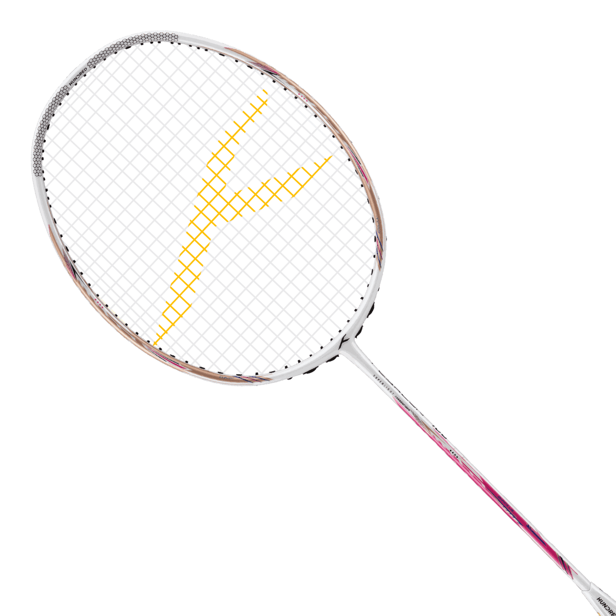 Badminton racket, HUNDRED Flareon 100, pearl white frame with black strings and a bold yellow lightning motif.