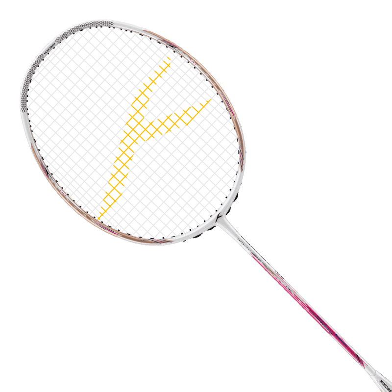 Badminton racket, HUNDRED Flareon 100, pearl white frame with black strings and a bold yellow lightning motif.