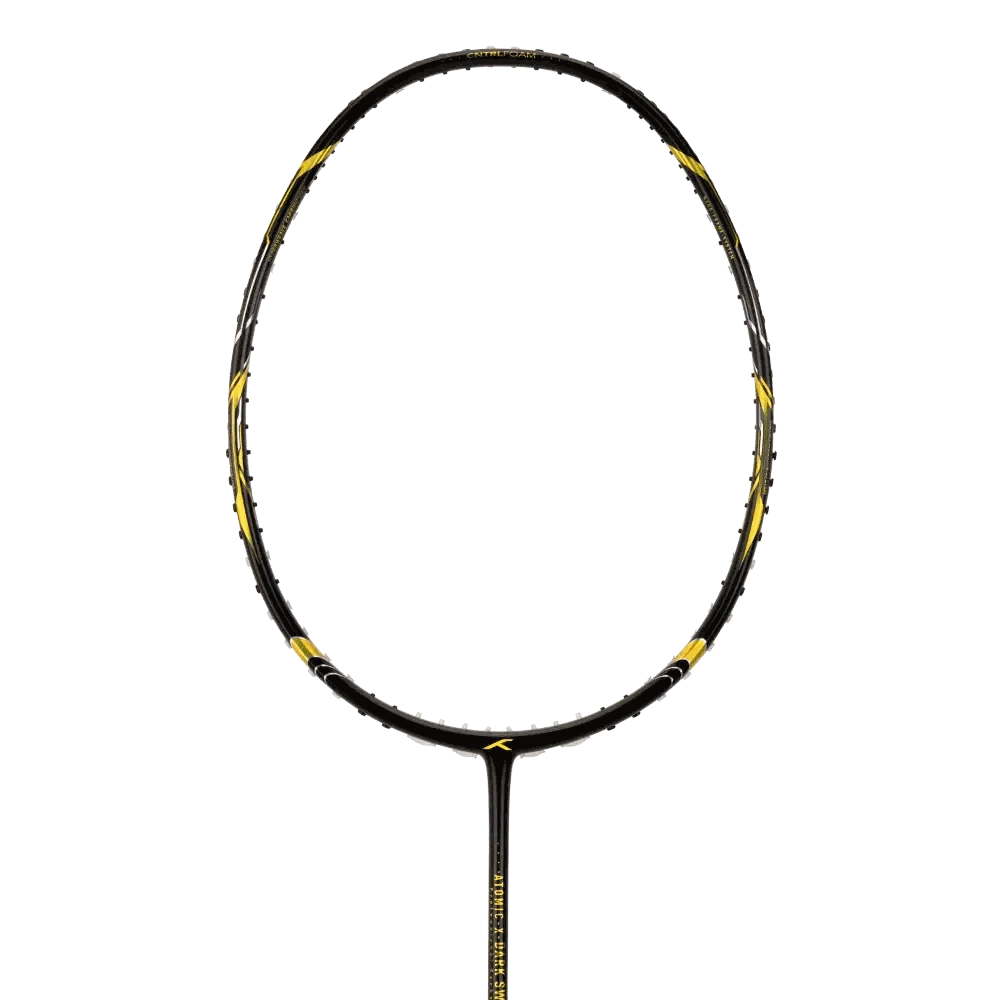 Badminton racket, HUNDRED ATOMIC-X DARK SWORD, with a black carbon fibre frame, yellow accents and a slim shaft