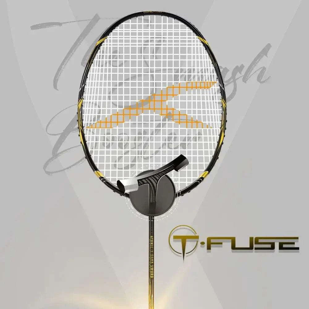HUNDRED ATOMIC-X DARK SWORD badminton racket with a black carbon fibre frame, white strings and gold accents