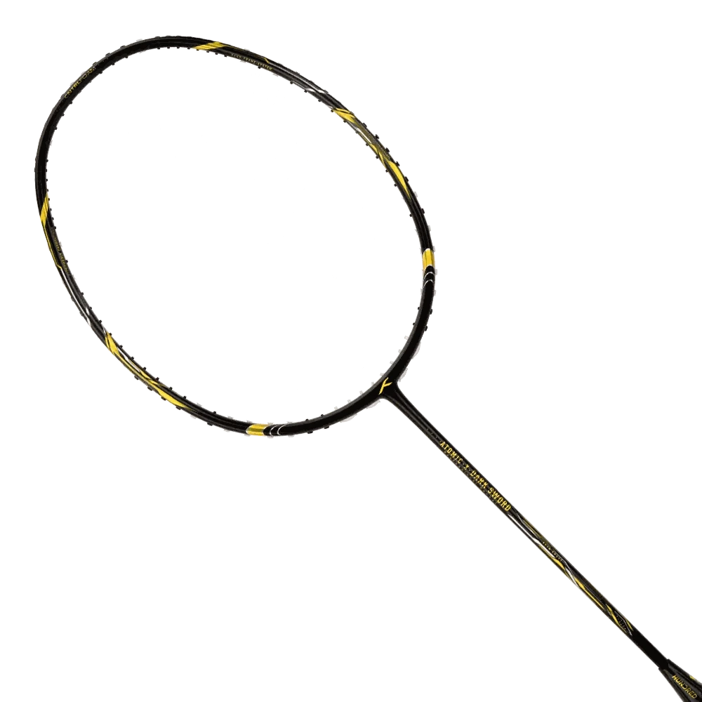 Badminton racket HUNDRED ATOMIC-X DARK SWORD in black and gold with a slim carbon-fibre frame and shaft.