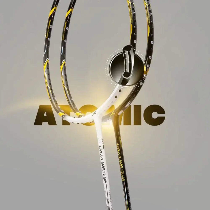 HUNDRED ATOMIC-X DARK SWORD badminton racket with a black and yellow frame, white shaft and dark string bed