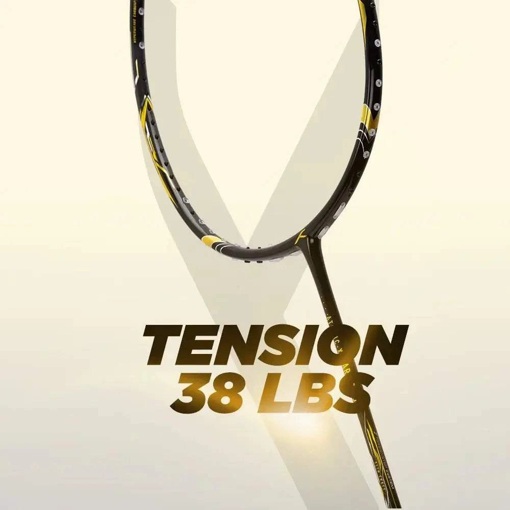 HUNDRED ATOMIC-X DARK SWORD badminton racket with a black and yellow carbon frame and 38 lb tension rating
