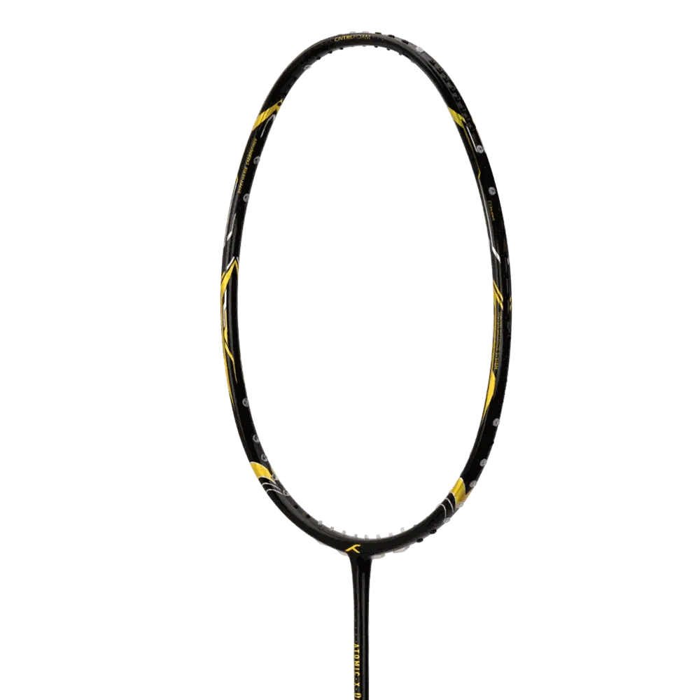 HUNDRED ATOMIC-X DARK SWORD badminton racket with a black carbon fibre frame, yellow accents and slim shaft