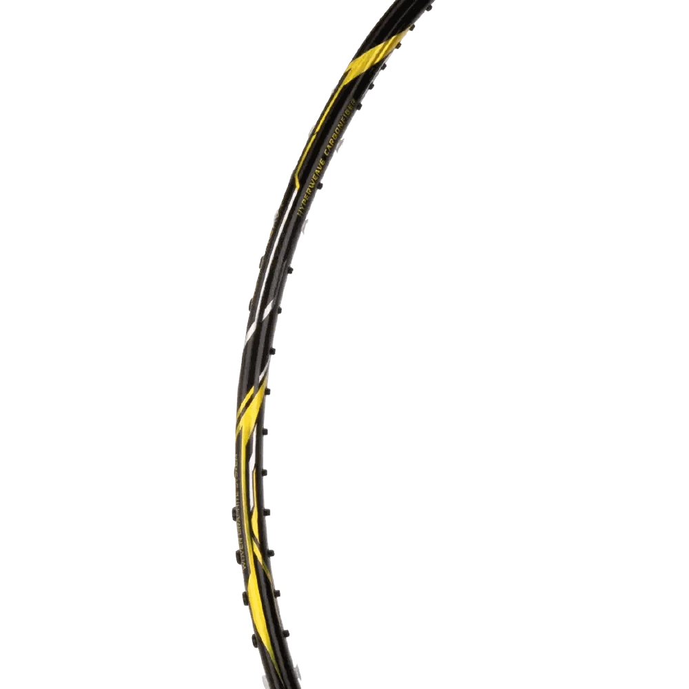 HUNDRED ATOMIC-X DARK SWORD badminton racket with a black and yellow frame and dark string bed