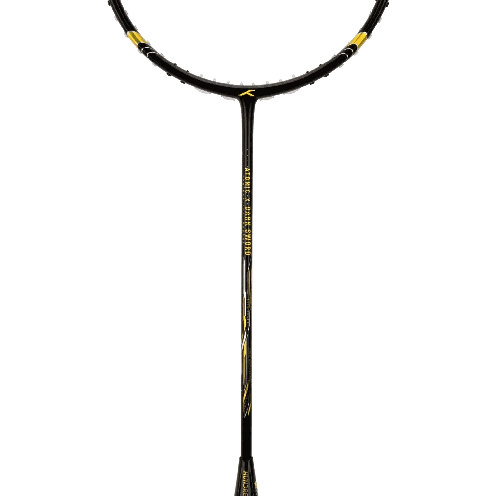 HUNDRED ATOMIC-X DARK SWORD badminton racket in black with yellow accents and a slim graphite frame