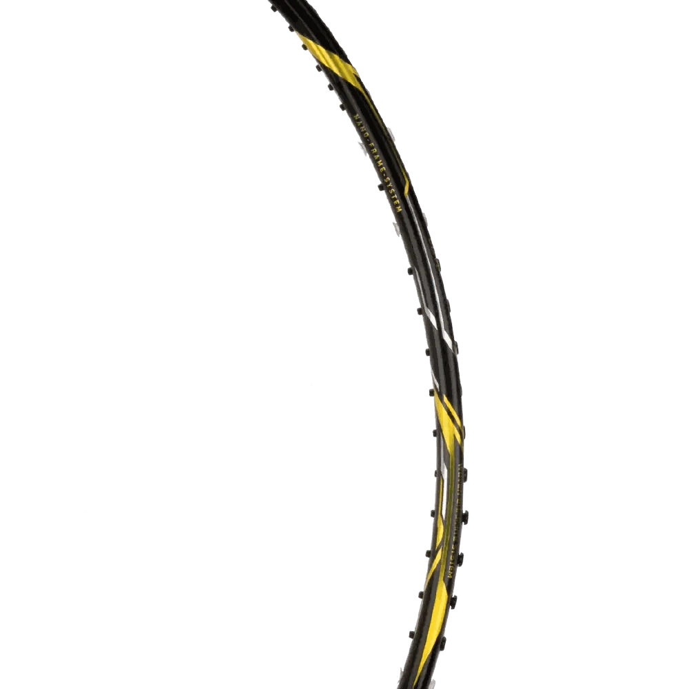 Badminton racket frame in black and yellow with a slim curved profile and visible string holes, HUNDRED ATOMIC-X DARK SWORD