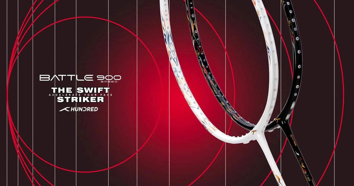 HUNDRED BATTLE 900 Pro badminton racket frame in white and black carbon fibre with red accents and curved design