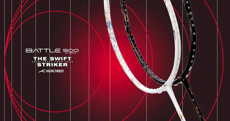 HUNDRED BATTLE 900 Pro badminton racket frame in white and black carbon fibre with red accents and curved design