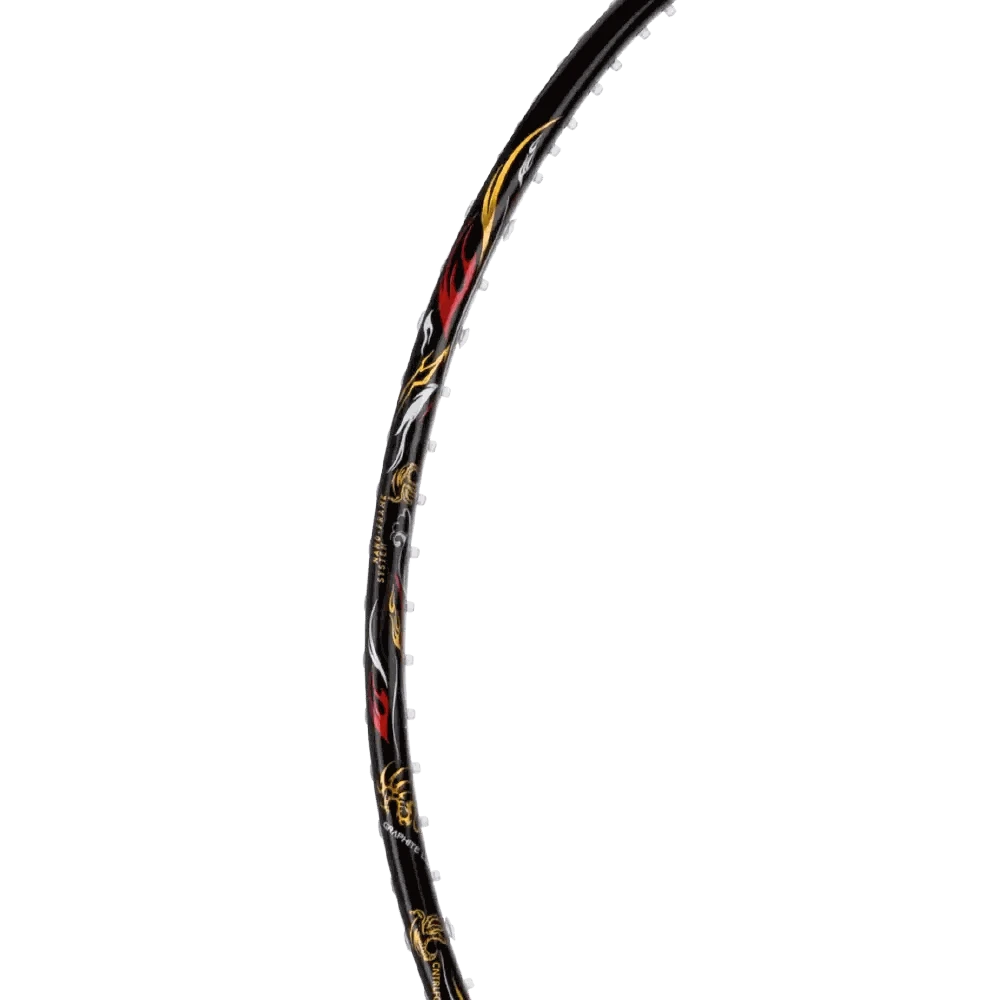 Badminton racket, HUNDRED BATTLE 900 Pro, with a black frame and red, yellow and gold decorative graphics