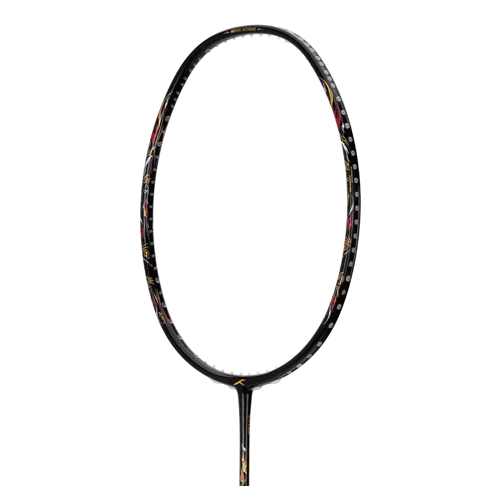 Badminton racket, HUNDRED BATTLE 900 Pro, with a black carbon fibre frame and subtle red and gold accents