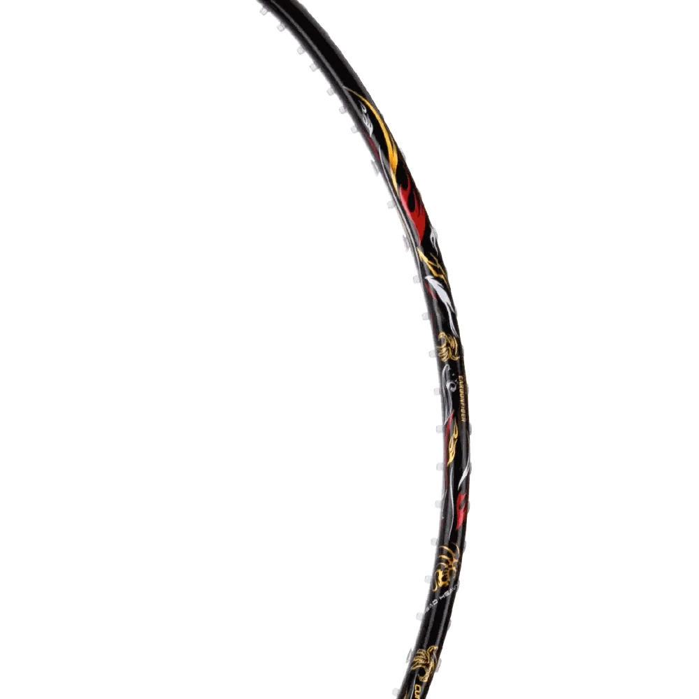 Badminton racket, HUNDRED BATTLE 900 Pro, with a black carbon fibre frame and red, white and gold detailing