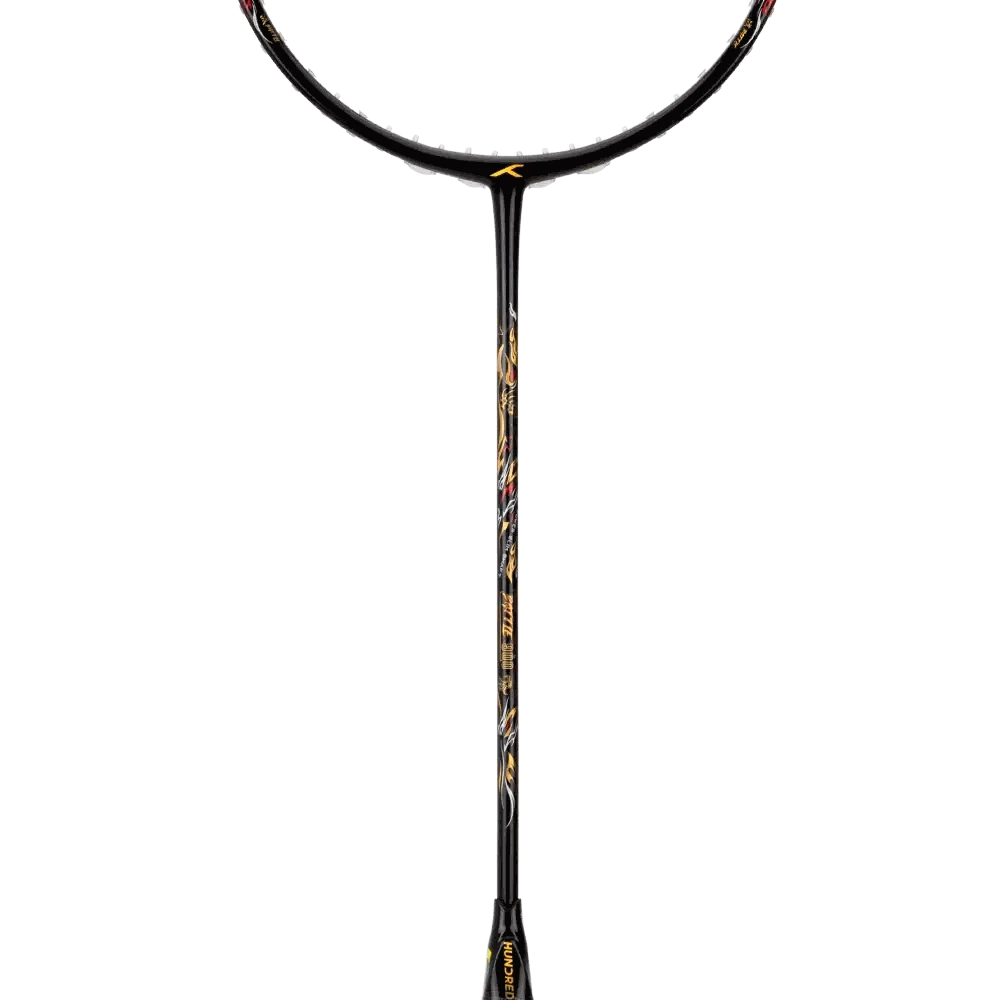 Badminton racket HUNDRED BATTLE 900 Pro with a black carbon fibre frame, yellow and red accents, and slim shaft