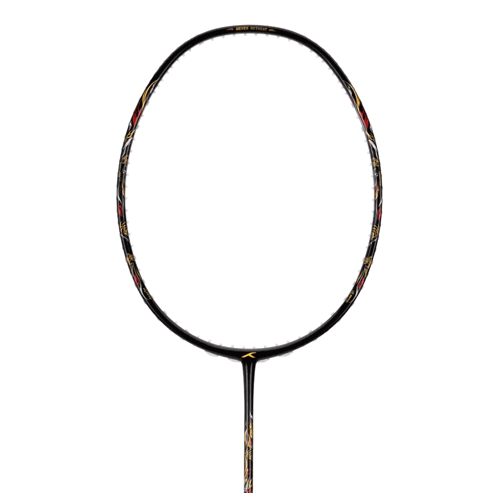 Badminton racket in black carbon fibre with white, red and gold frame graphics, featuring a slim oval head and shaft