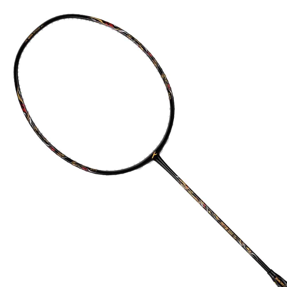 Badminton racket HUNDRED BATTLE 900 Pro with a black carbon fibre frame and fine red, gold and white accents