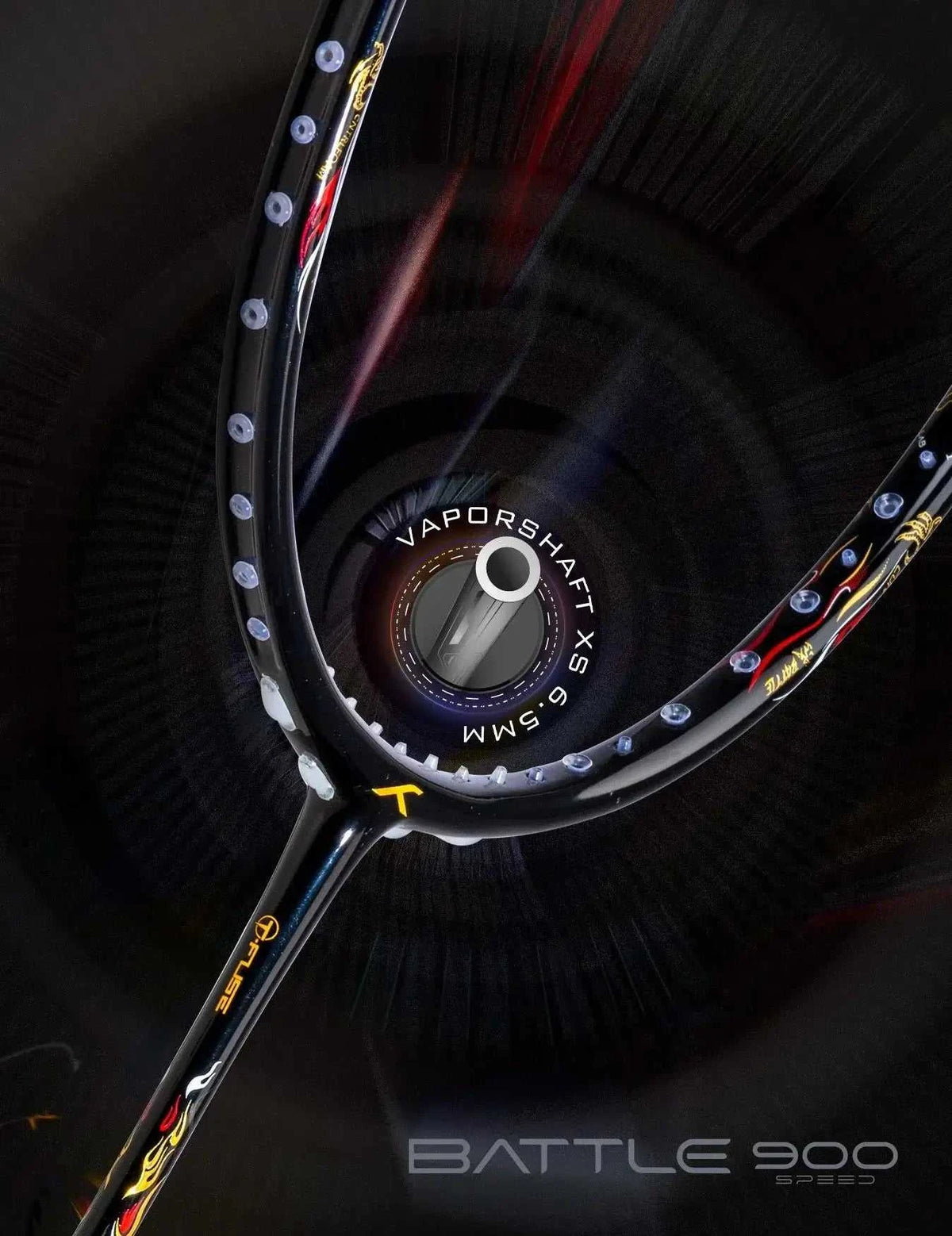 Badminton racket, HUNDRED BATTLE 900 Pro, black carbon fibre frame with red and yellow accents and VaporShaft marking