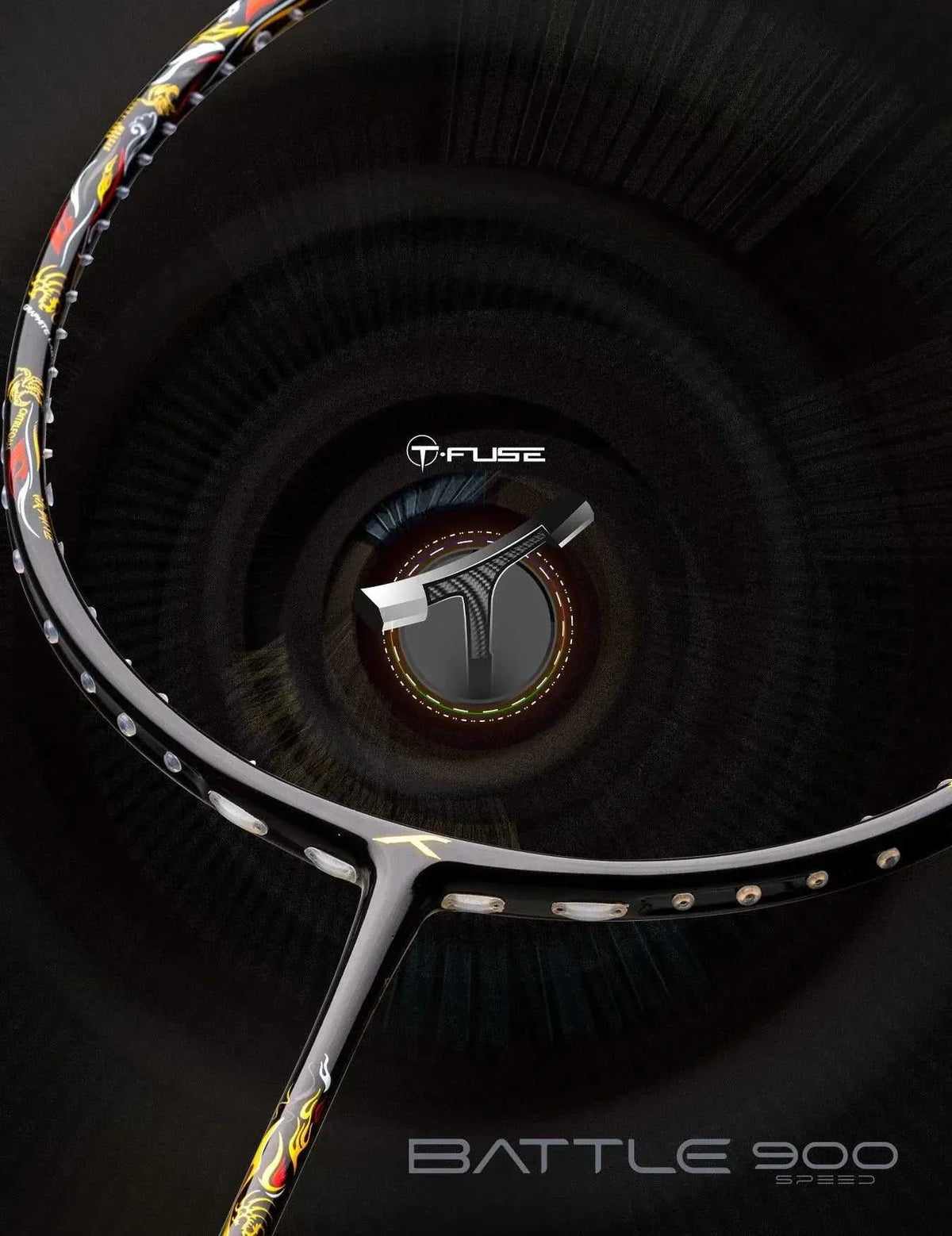 HUNDRED BATTLE 900 Pro badminton racket with a black carbon fibre frame, colorful flame accents and T-FUSE detail