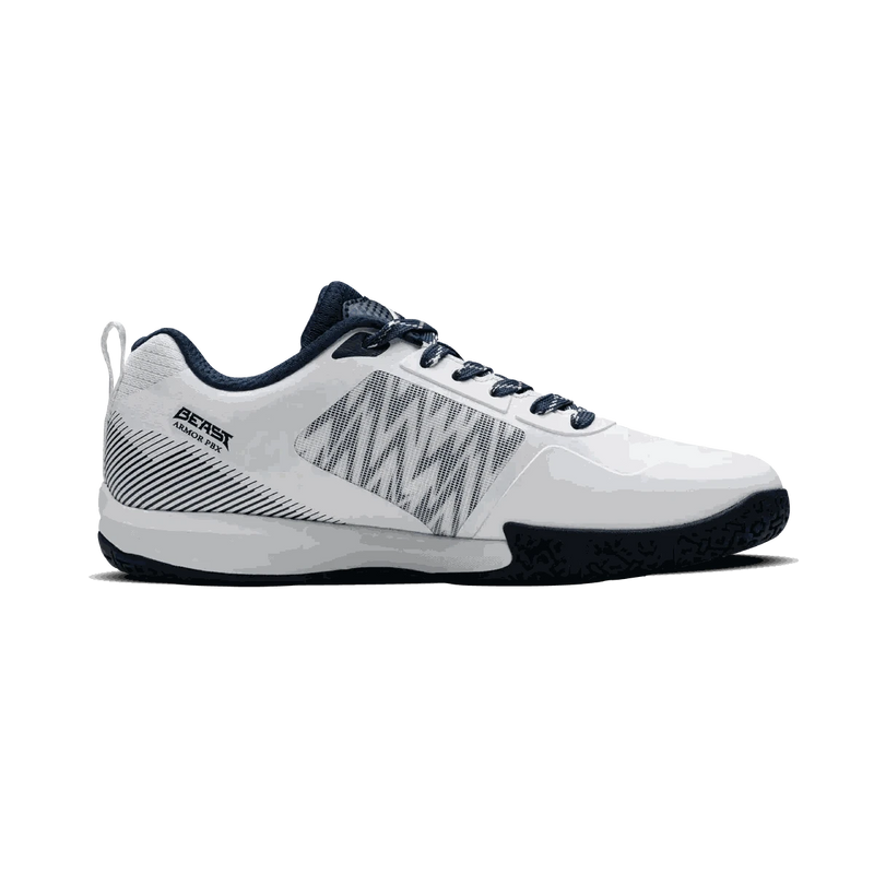 HUNDRED BEAST ARMOR badminton shoe in white with navy accents, grey geometric panels, and a black patterned sole