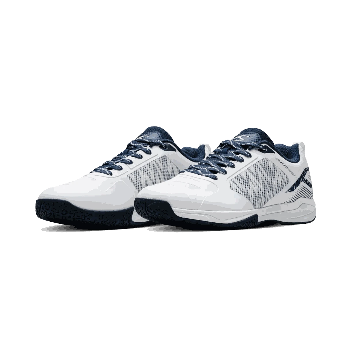 HUNDRED BEAST ARMOR badminton shoes in white with navy laces, gray patterned side panels, and black soles