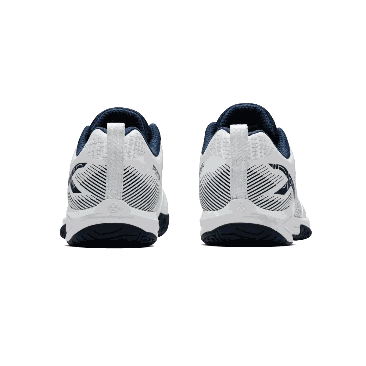 HUNDRED BEAST ARMOR badminton shoes in white with navy trim, black striped heel graphics and dark rubber soles