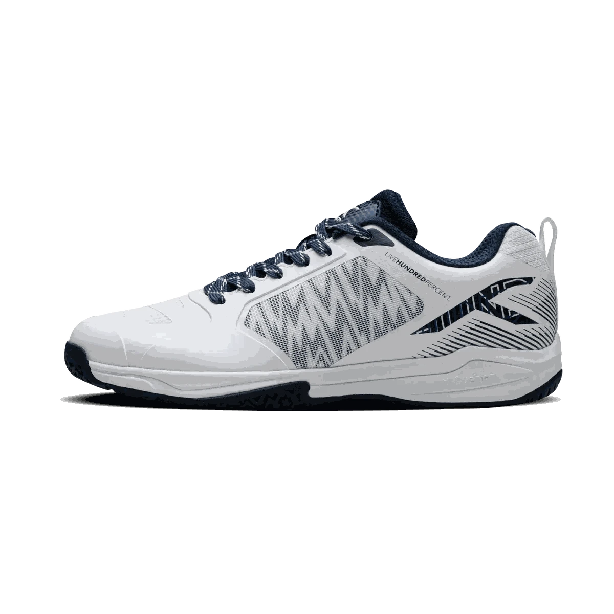 HUNDRED BEAST ARMOR badminton shoe in white and navy with a grey geometric mesh panel and patterned heel