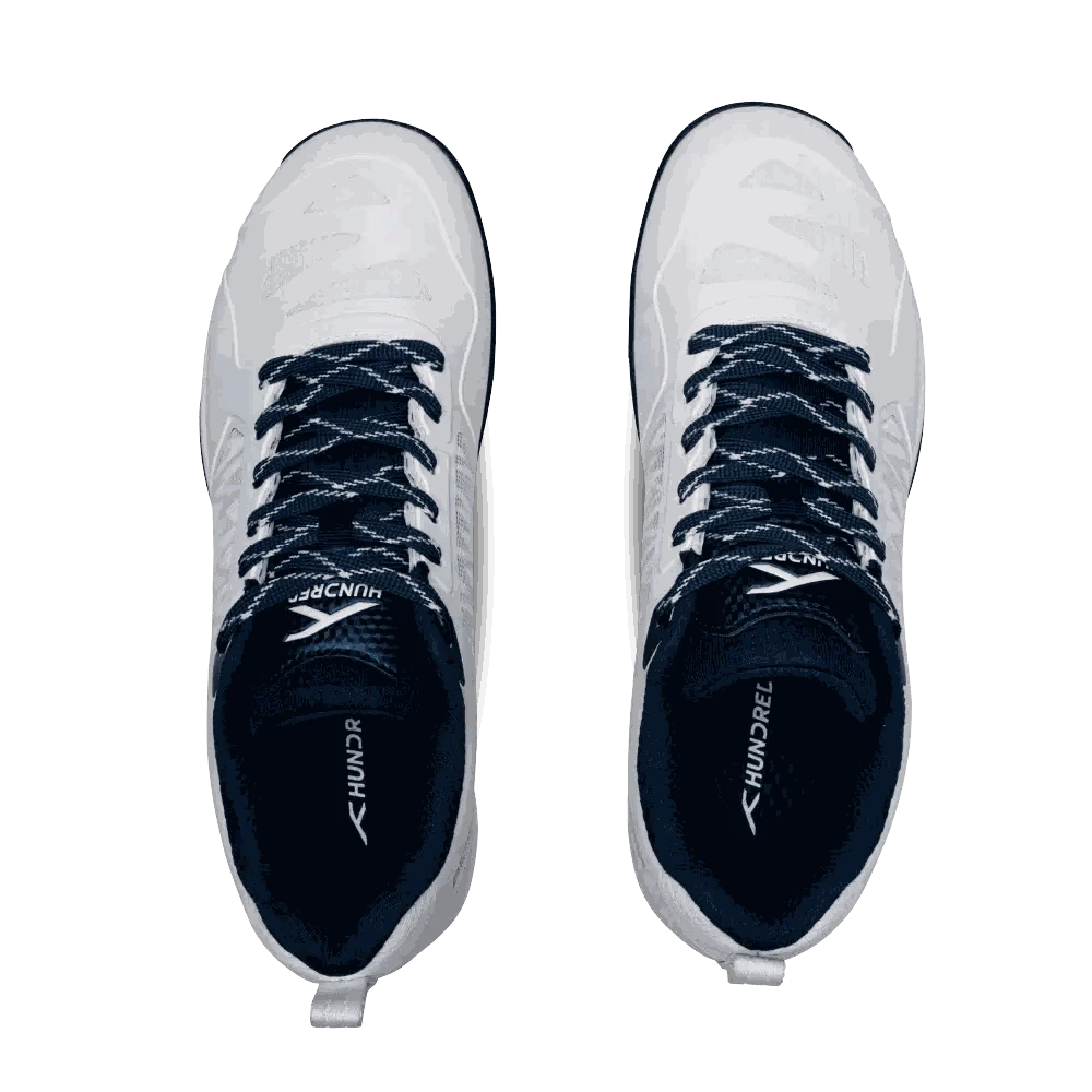 HUNDRED BEAST ARMOR badminton shoes in white with dark navy laces, mesh panels and cushioned padded collars