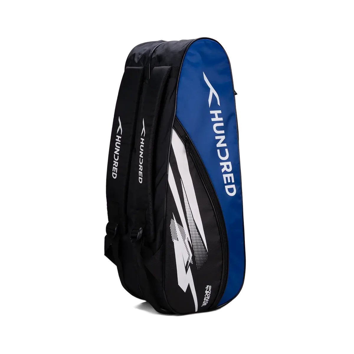 HUNDRED Cosmogear Kit Bag in black and blue with white graphics, featuring a tall racket-shaped design and padded straps.