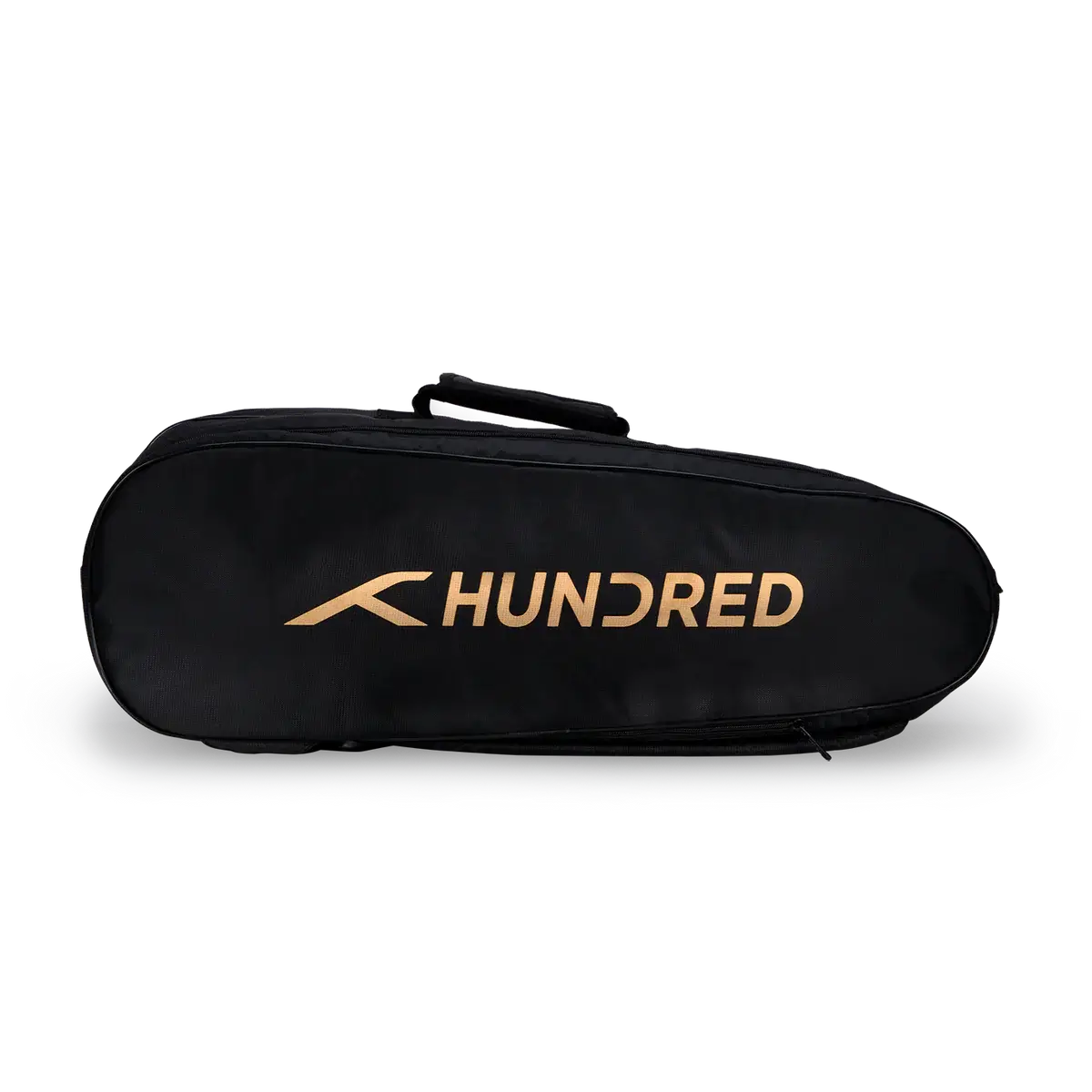 HUNDRED Cosmogear Kit Bag, a black elongated sports bag with a smooth finish, gold logo, and top carry handle