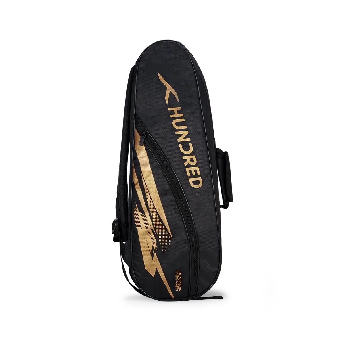 HUNDRED Cosmogear Kit Bag in black with gold accents, a tall oval shape, front zipper compartment and branded graphics
