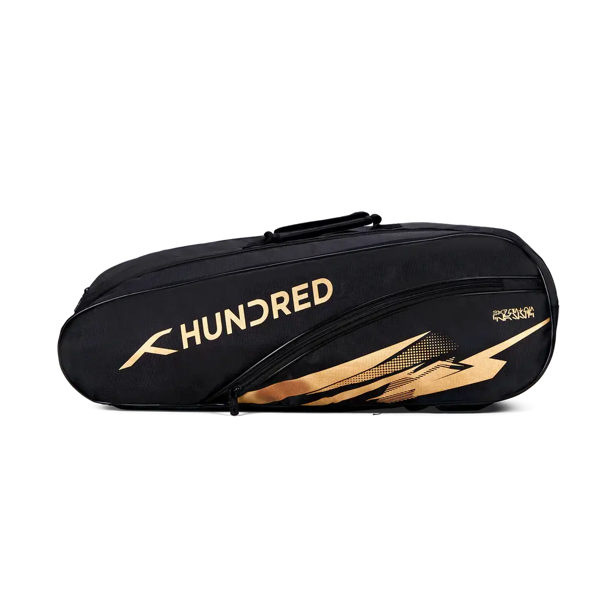 HUNDRED Cosmogear Kit Bag in black with gold lettering, graphic accents and a long zippered racket compartment