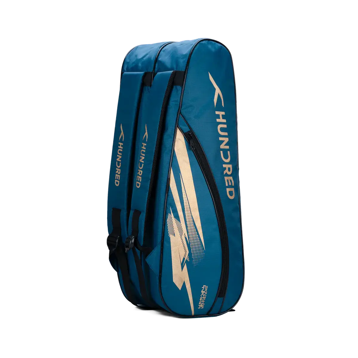 HUNDRED Cosmogear Kit Bag in teal blue with black straps, beige geometric graphics, and multiple racket compartments