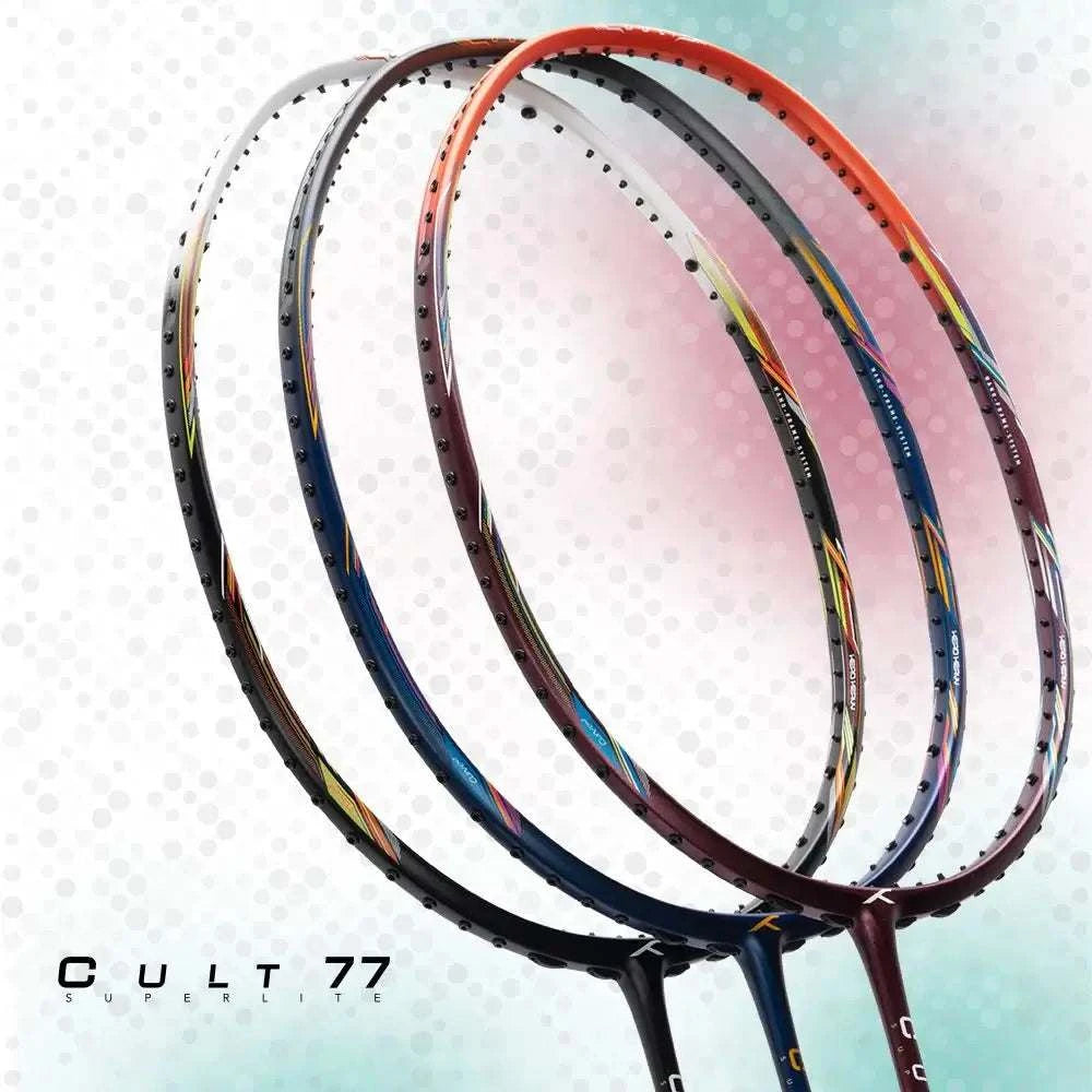 HUNDRED CULT 77 SUPERLITE badminton racket with a slim carbon-fibre frame, colourful accents and strung head