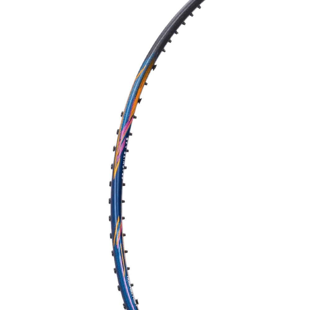 Badminton racket frame detail, HUNDRED CULT 77 SUPERLITE, with a black rim accented by blue, orange and pink stripes