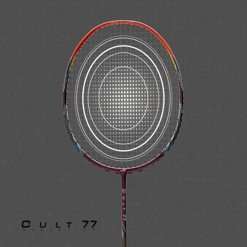 HUNDRED CULT 77 SUPERLITE badminton racket with a multicolour frame, dark string bed and slim shaft