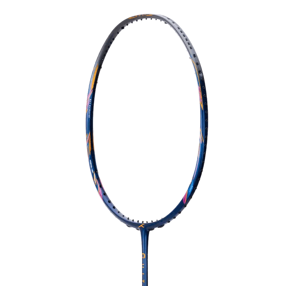 HUNDRED CULT 77 SUPERLITE badminton racket with a blue and black frame, multicoloured accents and a slim shaft