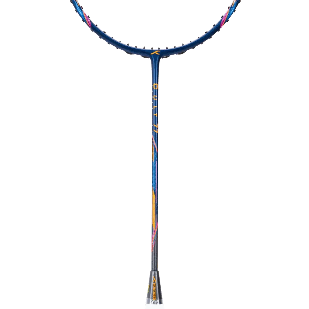 HUNDRED CULT 77 SUPERLITE badminton racket with a blue carbon-fibre frame, multicolour accents and slim shaft