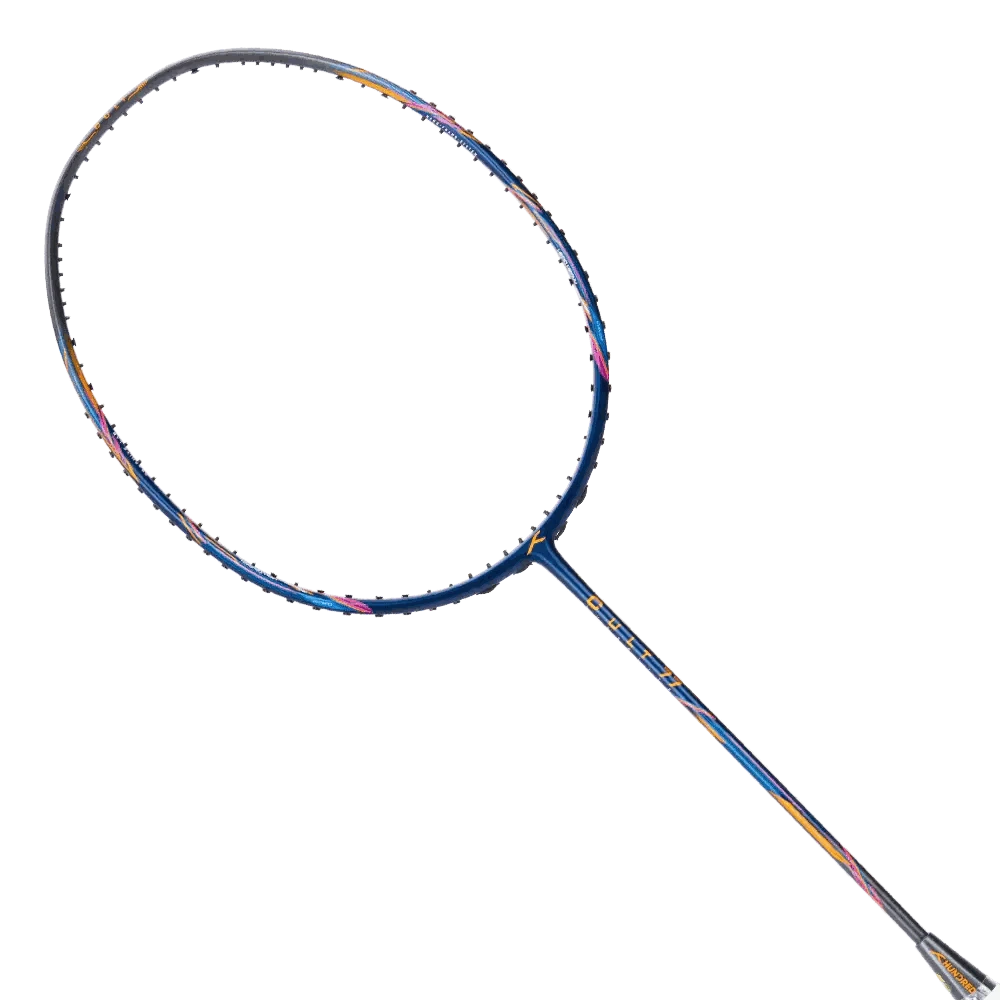 Badminton racket HUNDRED CULT 77 SUPERLITE with a slim carbon-fibre frame, blue, white and orange accents, and a curved head.