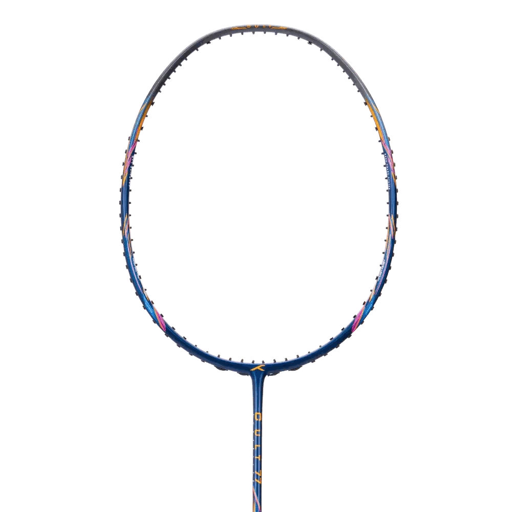 HUNDRED CULT 77 SUPERLITE badminton racket with a blue and orange carbon fibre frame and slim shaft