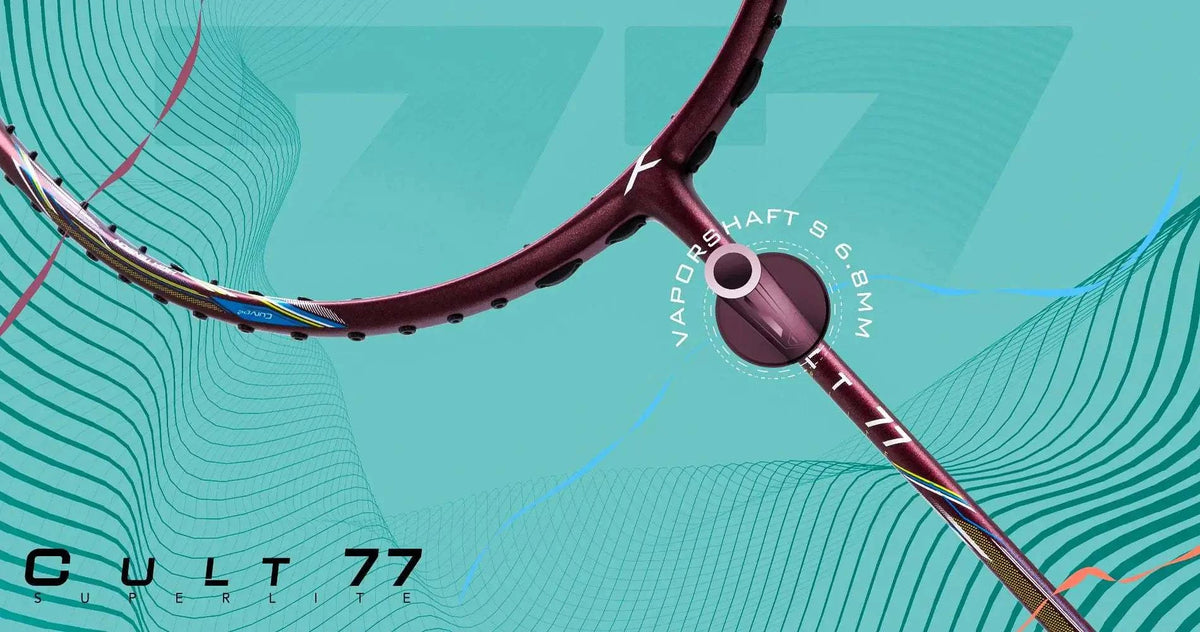 HUNDRED CULT 77 SUPERLITE badminton racket with a burgundy frame, slim shaft and colorful accents