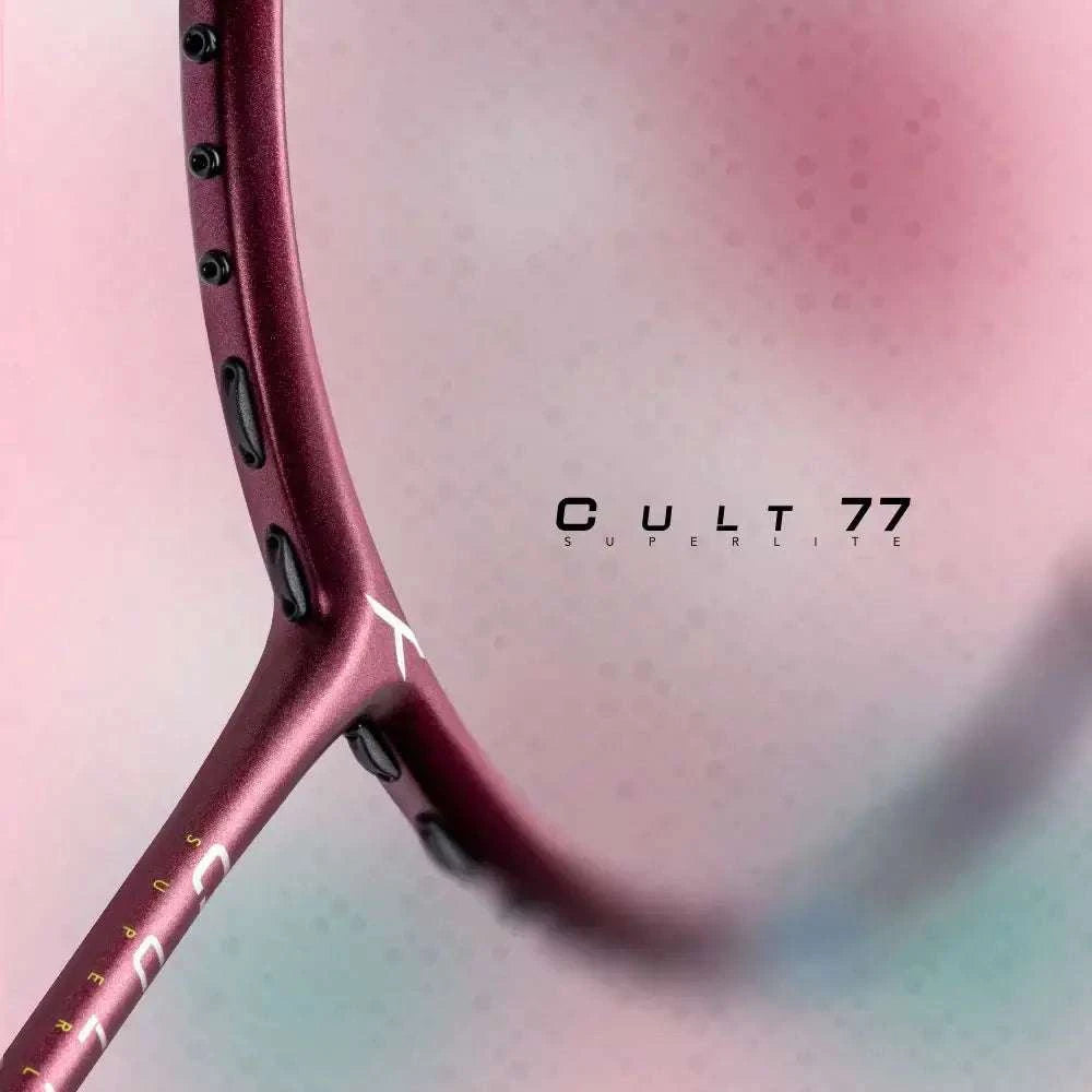 HUNDRED CULT 77 SUPERLITE badminton racket with a metallic burgundy carbon fibre frame and slim shaft