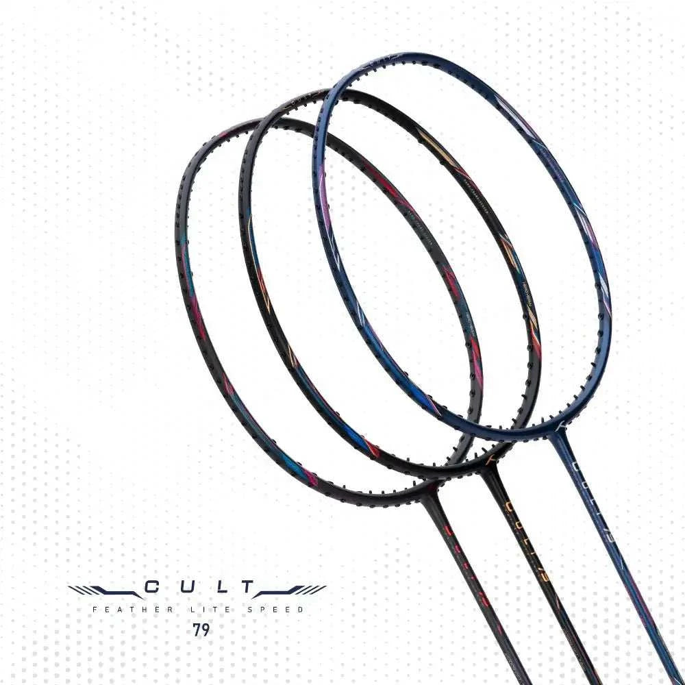 HUNDRED CULT 79 badminton racket with dark graphite frames, blue and red accents, and three overlapping racket heads