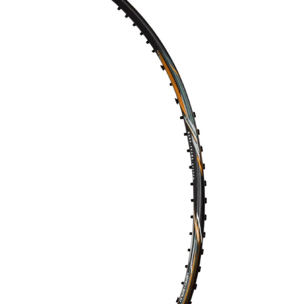 Badminton racket, HUNDRED CULT 79, with a slim black graphite frame and subtle orange and teal accents