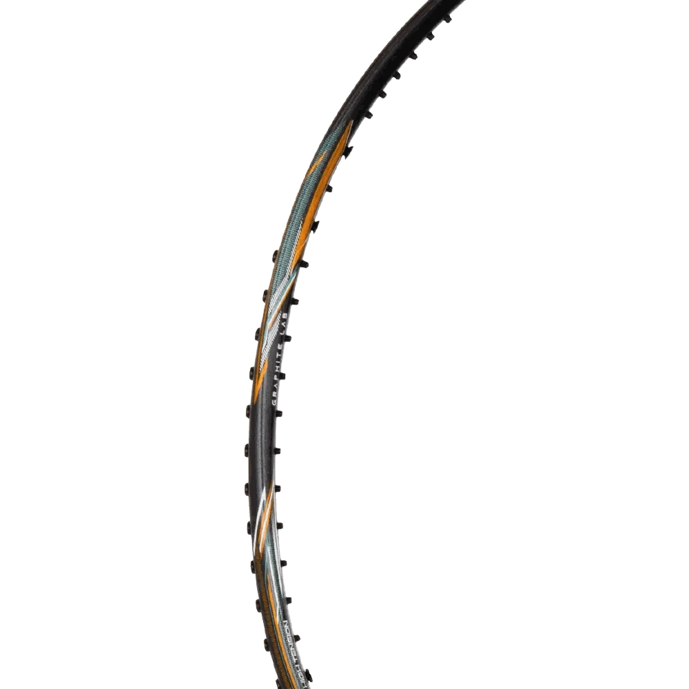 HUNDRED CULT 79 badminton racket with a slim black graphite frame, orange and teal accents, and curved head.